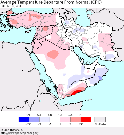 Middle East and Turkey Average Temperature Departure from Normal (CPC) Thematic Map For 7/12/2021 - 7/18/2021