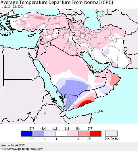 Middle East and Turkey Average Temperature Departure from Normal (CPC) Thematic Map For 7/19/2021 - 7/25/2021