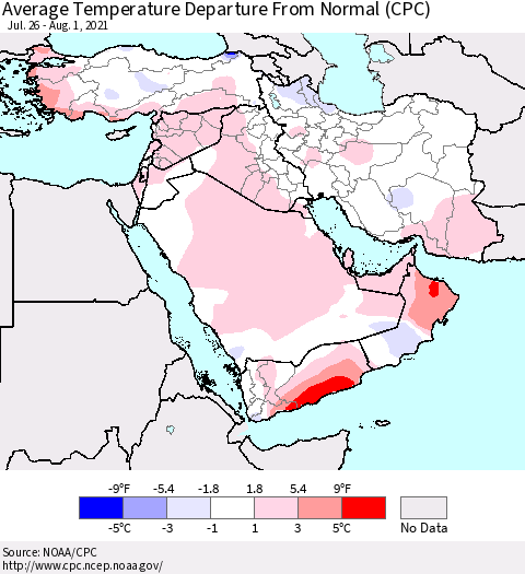Middle East and Turkey Average Temperature Departure from Normal (CPC) Thematic Map For 7/26/2021 - 8/1/2021