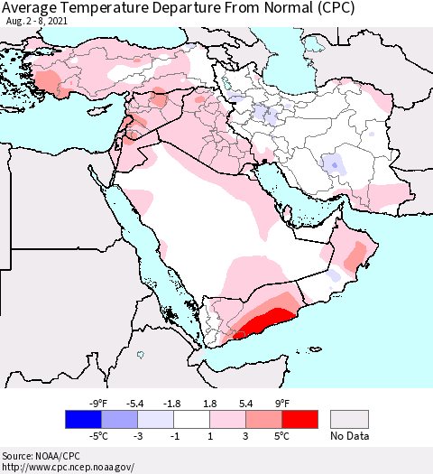 Middle East and Turkey Average Temperature Departure from Normal (CPC) Thematic Map For 8/2/2021 - 8/8/2021