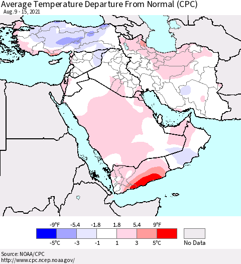 Middle East and Turkey Average Temperature Departure from Normal (CPC) Thematic Map For 8/9/2021 - 8/15/2021