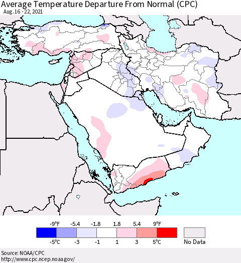 Middle East and Turkey Average Temperature Departure from Normal (CPC) Thematic Map For 8/16/2021 - 8/22/2021
