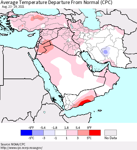 Middle East and Turkey Average Temperature Departure from Normal (CPC) Thematic Map For 8/23/2021 - 8/29/2021