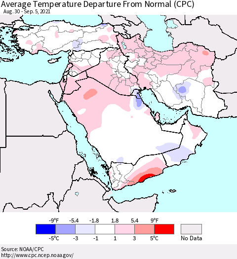 Middle East and Turkey Average Temperature Departure from Normal (CPC) Thematic Map For 8/30/2021 - 9/5/2021