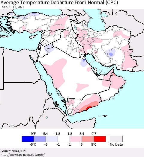 Middle East and Turkey Average Temperature Departure from Normal (CPC) Thematic Map For 9/6/2021 - 9/12/2021
