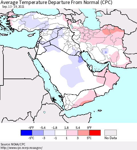 Middle East and Turkey Average Temperature Departure from Normal (CPC) Thematic Map For 9/13/2021 - 9/19/2021