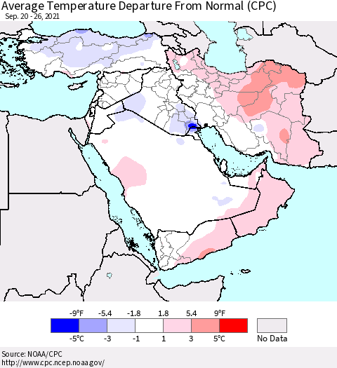 Middle East and Turkey Average Temperature Departure from Normal (CPC) Thematic Map For 9/20/2021 - 9/26/2021