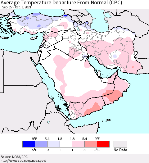 Middle East and Turkey Average Temperature Departure from Normal (CPC) Thematic Map For 9/27/2021 - 10/3/2021