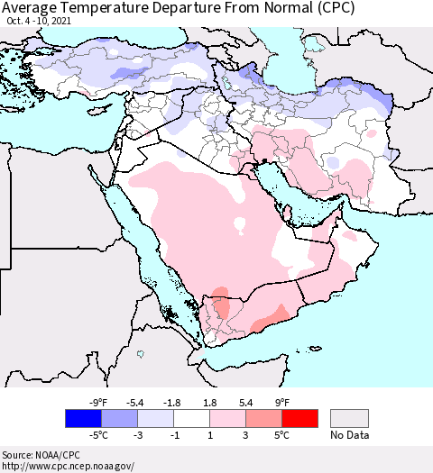 Middle East and Turkey Average Temperature Departure from Normal (CPC) Thematic Map For 10/4/2021 - 10/10/2021