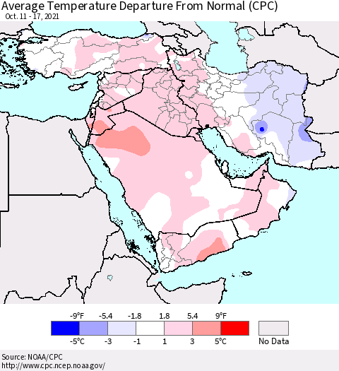 Middle East and Turkey Average Temperature Departure from Normal (CPC) Thematic Map For 10/11/2021 - 10/17/2021