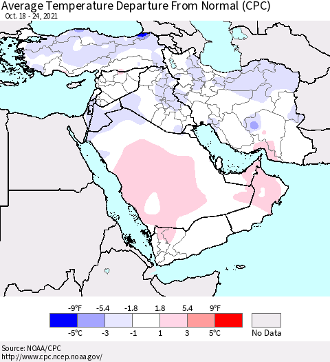 Middle East and Turkey Average Temperature Departure from Normal (CPC) Thematic Map For 10/18/2021 - 10/24/2021