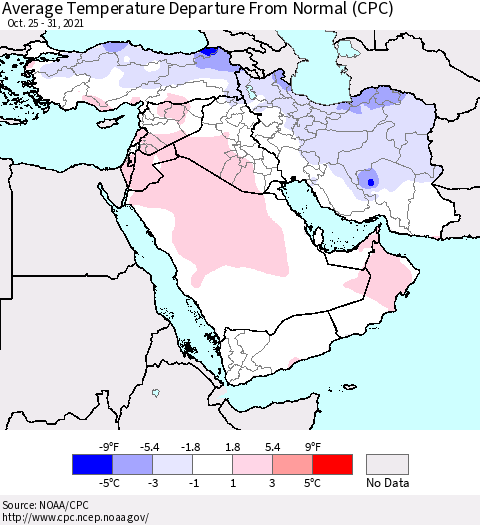 Middle East and Turkey Average Temperature Departure from Normal (CPC) Thematic Map For 10/25/2021 - 10/31/2021