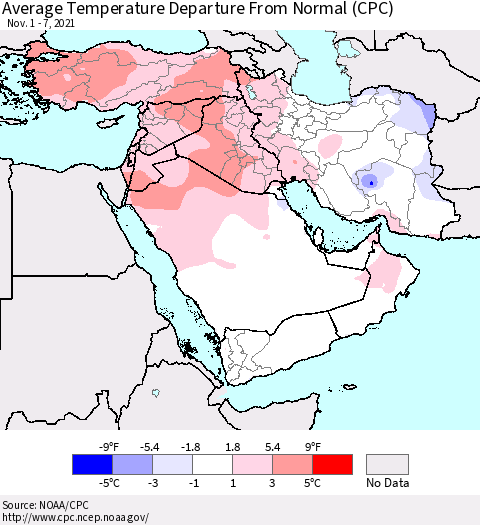 Middle East and Turkey Average Temperature Departure from Normal (CPC) Thematic Map For 11/1/2021 - 11/7/2021