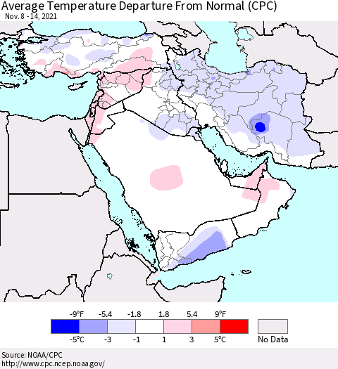 Middle East and Turkey Average Temperature Departure from Normal (CPC) Thematic Map For 11/8/2021 - 11/14/2021