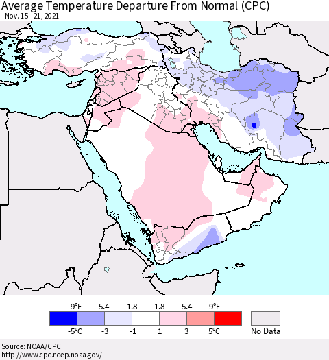 Middle East and Turkey Average Temperature Departure from Normal (CPC) Thematic Map For 11/15/2021 - 11/21/2021