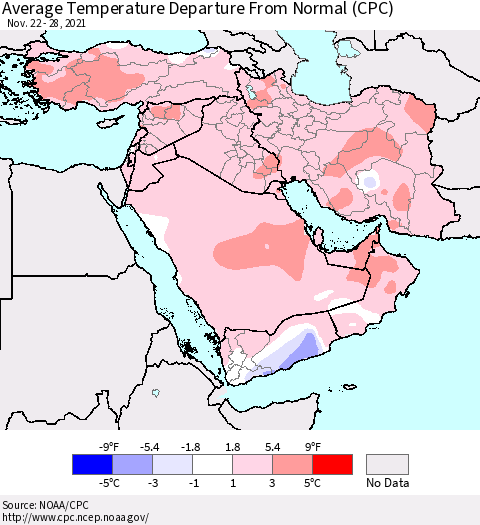 Middle East and Turkey Average Temperature Departure from Normal (CPC) Thematic Map For 11/22/2021 - 11/28/2021
