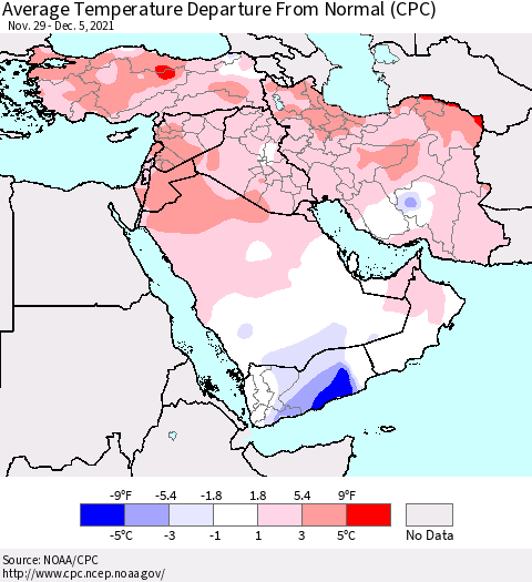 Middle East and Turkey Average Temperature Departure from Normal (CPC) Thematic Map For 11/29/2021 - 12/5/2021