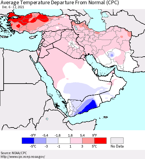 Middle East and Turkey Average Temperature Departure from Normal (CPC) Thematic Map For 12/6/2021 - 12/12/2021