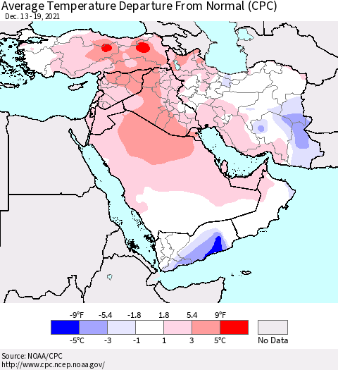 Middle East and Turkey Average Temperature Departure from Normal (CPC) Thematic Map For 12/13/2021 - 12/19/2021