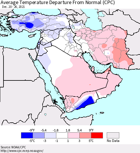 Middle East and Turkey Average Temperature Departure from Normal (CPC) Thematic Map For 12/20/2021 - 12/26/2021