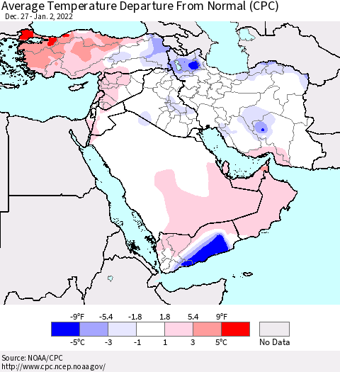 Middle East and Turkey Average Temperature Departure from Normal (CPC) Thematic Map For 12/27/2021 - 1/2/2022