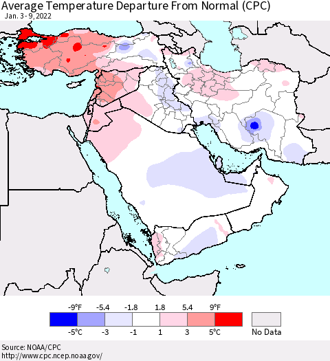 Middle East and Turkey Average Temperature Departure from Normal (CPC) Thematic Map For 1/3/2022 - 1/9/2022