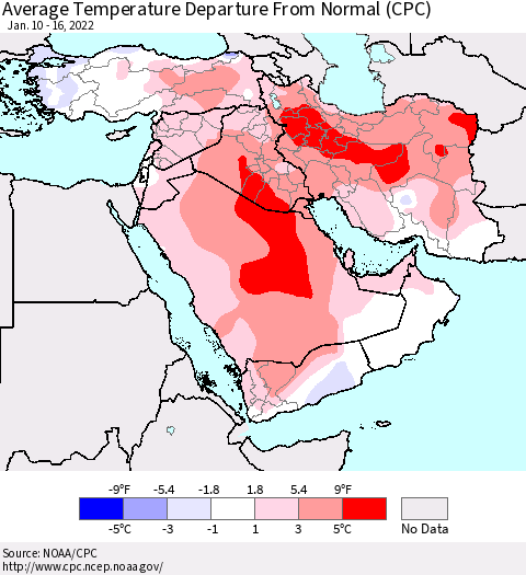 Middle East and Turkey Average Temperature Departure from Normal (CPC) Thematic Map For 1/10/2022 - 1/16/2022