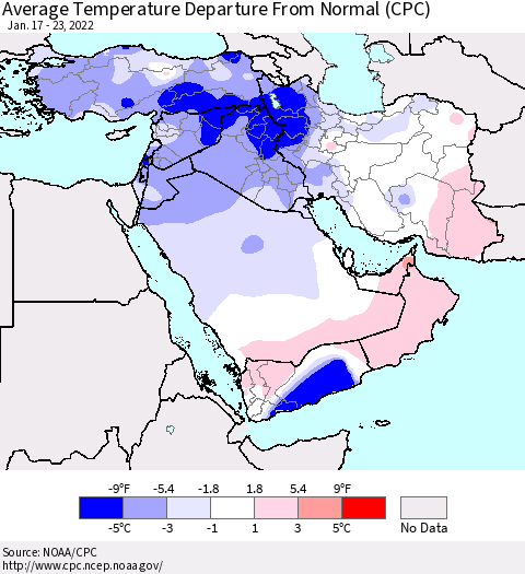 Middle East and Turkey Average Temperature Departure from Normal (CPC) Thematic Map For 1/17/2022 - 1/23/2022