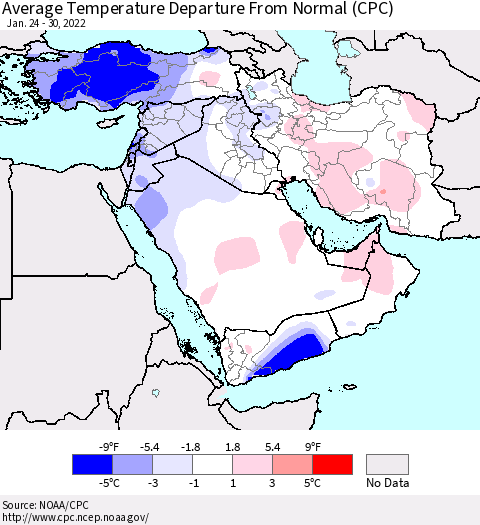 Middle East and Turkey Average Temperature Departure from Normal (CPC) Thematic Map For 1/24/2022 - 1/30/2022