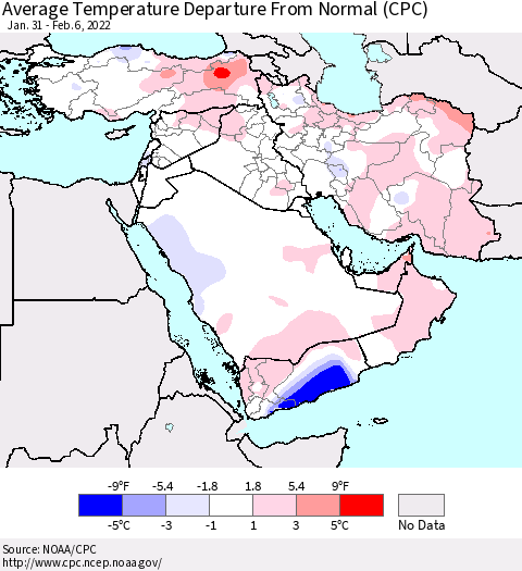 Middle East and Turkey Average Temperature Departure from Normal (CPC) Thematic Map For 1/31/2022 - 2/6/2022