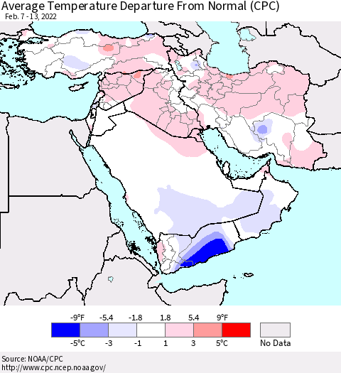 Middle East and Turkey Average Temperature Departure from Normal (CPC) Thematic Map For 2/7/2022 - 2/13/2022