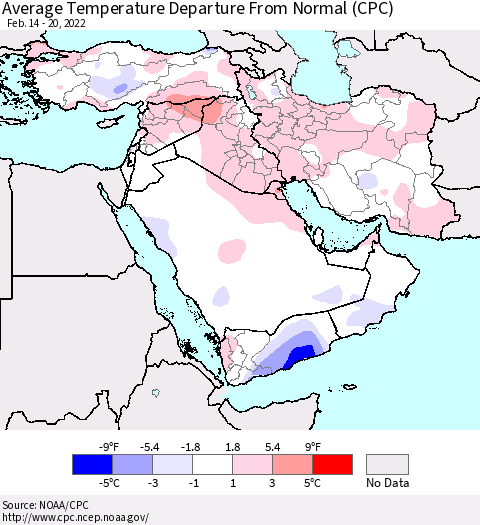 Middle East and Turkey Average Temperature Departure from Normal (CPC) Thematic Map For 2/14/2022 - 2/20/2022