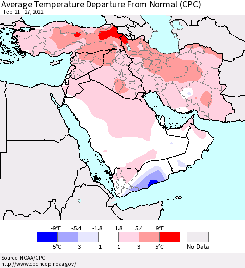 Middle East and Turkey Average Temperature Departure from Normal (CPC) Thematic Map For 2/21/2022 - 2/27/2022
