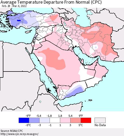 Middle East and Turkey Average Temperature Departure from Normal (CPC) Thematic Map For 2/28/2022 - 3/6/2022
