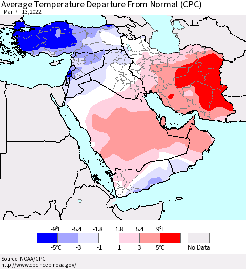 Middle East and Turkey Average Temperature Departure from Normal (CPC) Thematic Map For 3/7/2022 - 3/13/2022