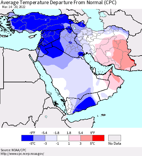 Middle East and Turkey Average Temperature Departure from Normal (CPC) Thematic Map For 3/14/2022 - 3/20/2022