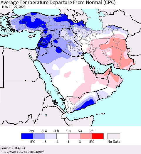 Middle East and Turkey Average Temperature Departure from Normal (CPC) Thematic Map For 3/21/2022 - 3/27/2022
