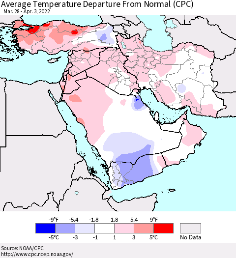 Middle East and Turkey Average Temperature Departure from Normal (CPC) Thematic Map For 3/28/2022 - 4/3/2022