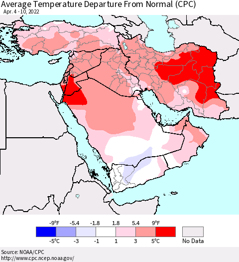Middle East and Turkey Average Temperature Departure from Normal (CPC) Thematic Map For 4/4/2022 - 4/10/2022