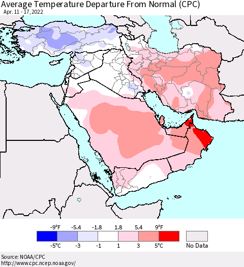 Middle East and Turkey Average Temperature Departure from Normal (CPC) Thematic Map For 4/11/2022 - 4/17/2022