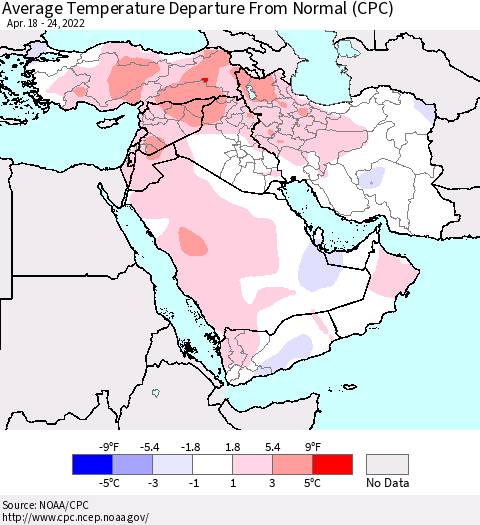 Middle East and Turkey Average Temperature Departure from Normal (CPC) Thematic Map For 4/18/2022 - 4/24/2022