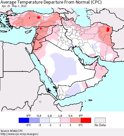 Middle East and Turkey Average Temperature Departure from Normal (CPC) Thematic Map For 4/25/2022 - 5/1/2022