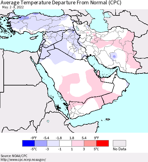 Middle East and Turkey Average Temperature Departure from Normal (CPC) Thematic Map For 5/2/2022 - 5/8/2022