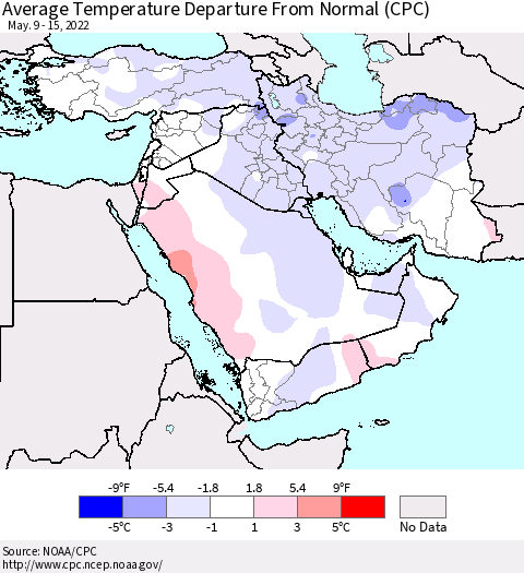 Middle East and Turkey Average Temperature Departure from Normal (CPC) Thematic Map For 5/9/2022 - 5/15/2022