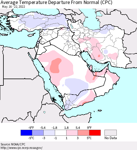 Middle East and Turkey Average Temperature Departure from Normal (CPC) Thematic Map For 5/16/2022 - 5/22/2022