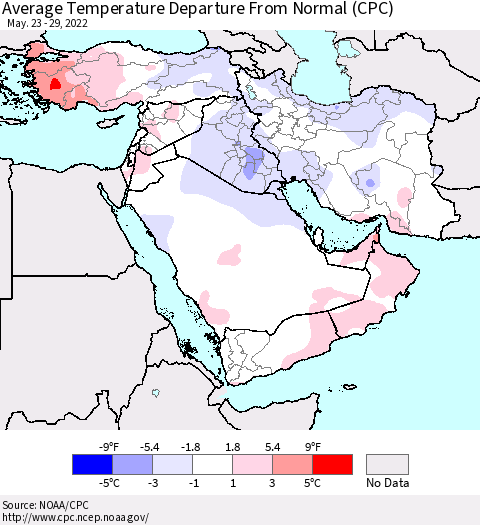 Middle East and Turkey Average Temperature Departure from Normal (CPC) Thematic Map For 5/23/2022 - 5/29/2022