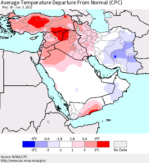 Middle East and Turkey Average Temperature Departure from Normal (CPC) Thematic Map For 5/30/2022 - 6/5/2022