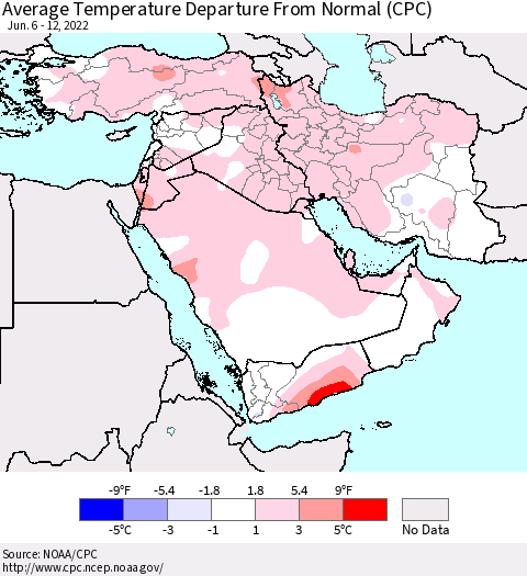 Middle East and Turkey Average Temperature Departure from Normal (CPC) Thematic Map For 6/6/2022 - 6/12/2022