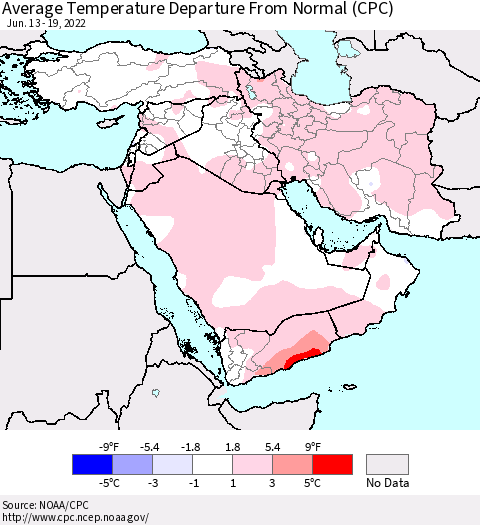 Middle East and Turkey Average Temperature Departure from Normal (CPC) Thematic Map For 6/13/2022 - 6/19/2022