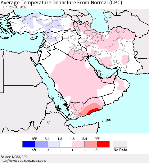 Middle East and Turkey Average Temperature Departure from Normal (CPC) Thematic Map For 6/20/2022 - 6/26/2022